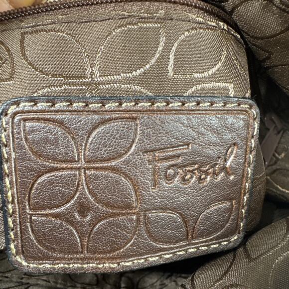 Vintage Fossil Tapestry Brown Purple & Blue Crossbody Purse Bag Leather Trim - Picture 8 of 14